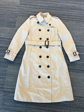 Burberry long khaki stone trench coat belted jacket double breasted sandringham